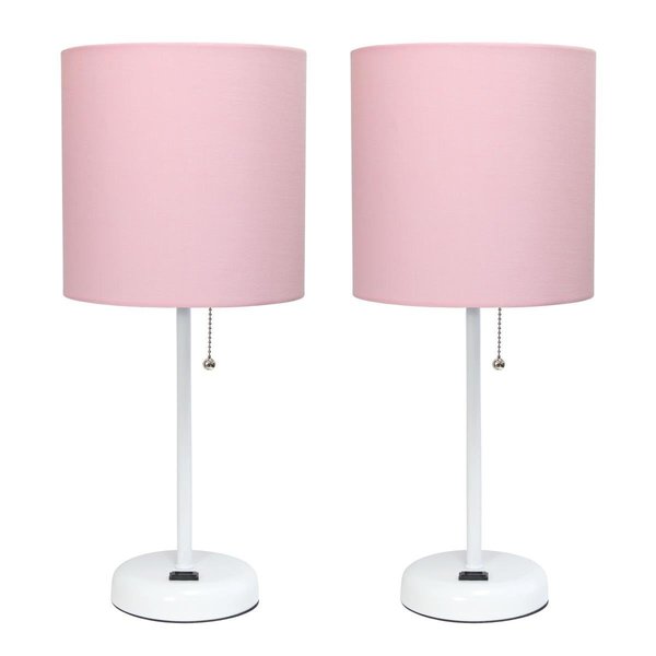 Diamond Sparkle White Stick Table Lamp with Charging Outlet & Fabric Shade, Pink - Set of 2 DI2519784